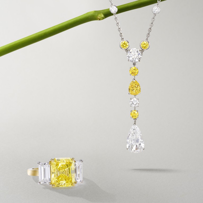 5.64ct vivid yellow diamond ring, with matching necklace by Cartier, sold at Bonhams.
