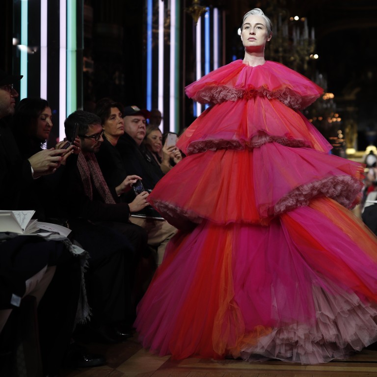 Heavily pregnant British supermodel Erin O’Connor took to the runway in a tiered tulle gown by French designer Bertrand Guyon for Schiaparelli during Paris Fashion Week. Photo: EPA-EFE