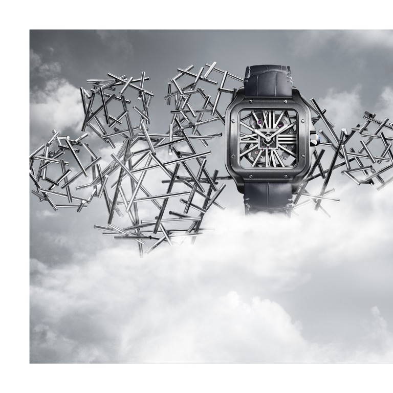 The Santos de Cartier Skeleton stands out with its all-black case and strap.