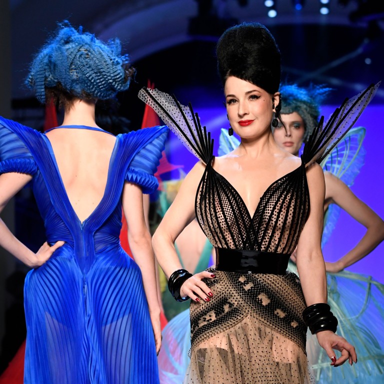 US actress Dita Von Teese presents a creation by Jean-Paul Gaultier during the 2019 spring/summer collection fashion show in Paris on Wednesday. Photo: AFP