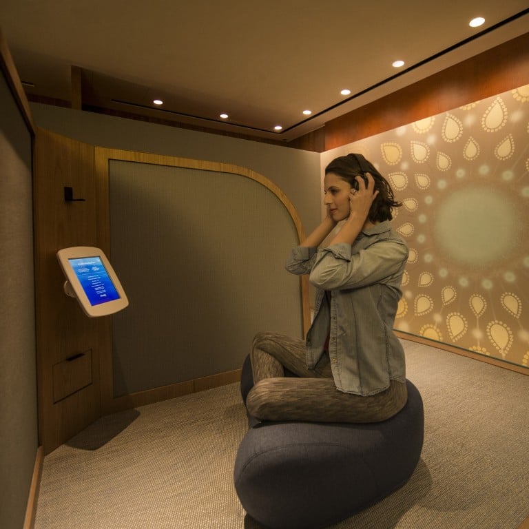 Cathay Pacific has opened The Sanctuary by Pure Yoga in its business class lounge at Hong Kong International Airport, which features two zones – The Body Sanctuary, focused on yoga, and The Mind Sanctuary (above), where the emphasis is on meditation. Photo: Cathay Pacific