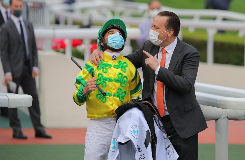 Jockey Joao Moreira and trainer Caspar Fownes celebrate their Derby victory. Photos: Kenneth Chan