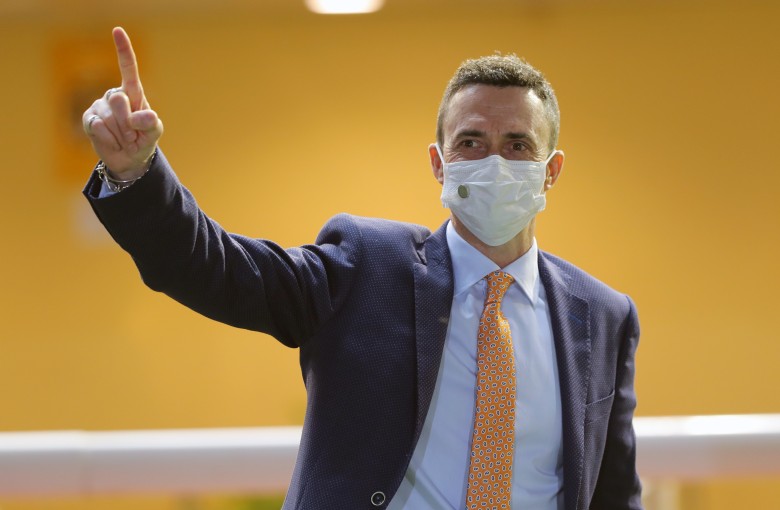 Douglas Whyte celebrates his 100th winner as a trainer on Wednesday night. Photos: Kenneth Chan