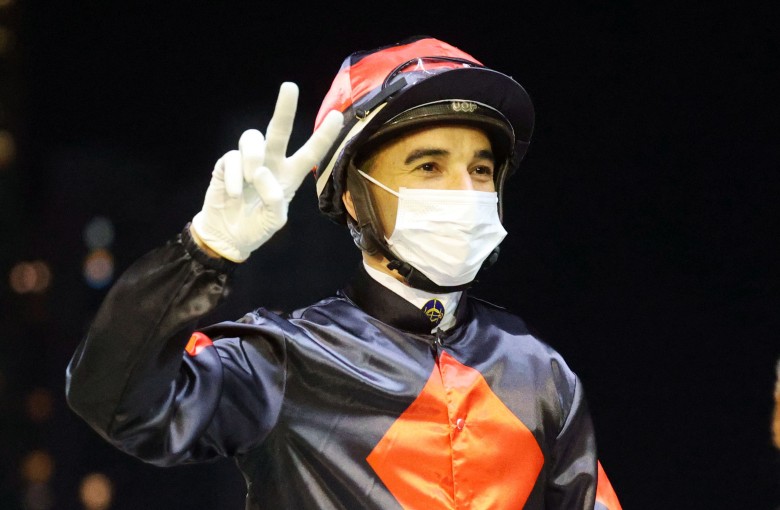 Joao Moreira celebrates his 1,200th winner in Hong Kong. Photo: HKJC