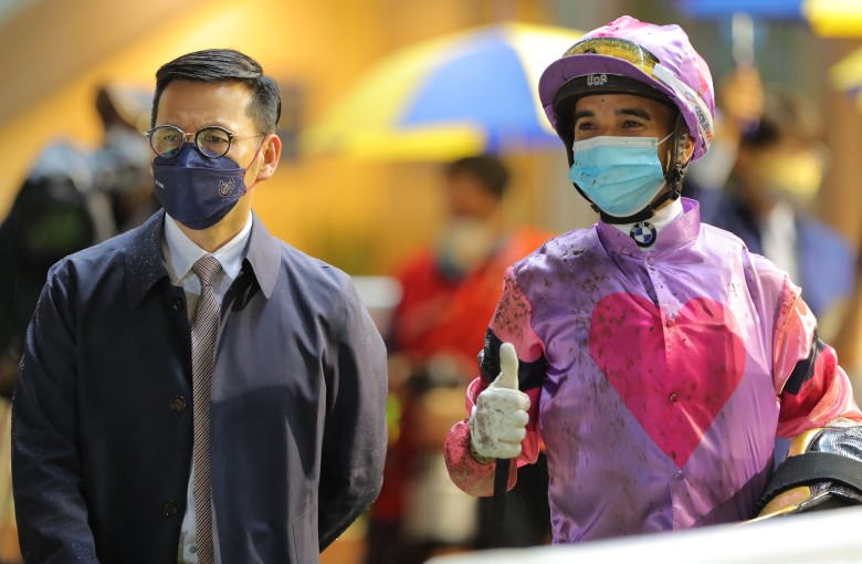 Jockey Joao Moreira with trainer Frankie Lor. Photo: Kenneth Chan