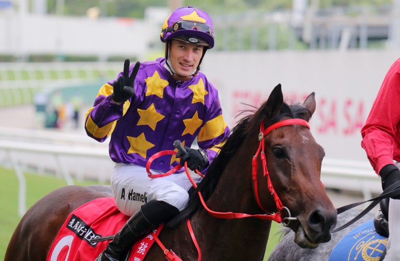 Antoine Hamelin celebrates his Happy Valley double aboard Hit The Shot (pictured) and Pretty Queen Prawn. Photo: Kenneth Chan