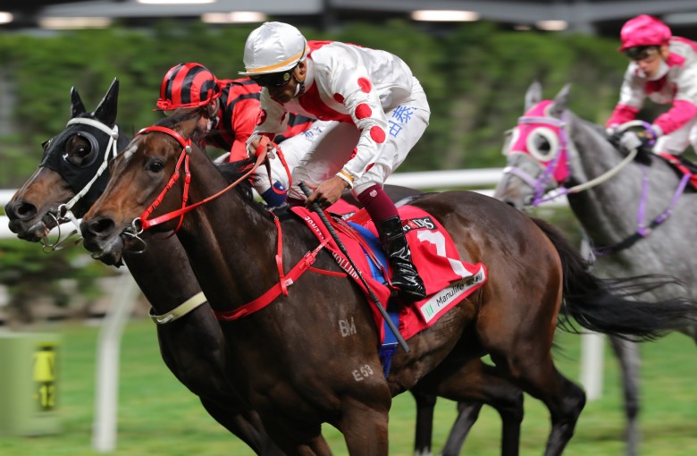 Frankie Lor’s Looking Great wins the Class Two Chek Keng Handicap (2,200m) under Karis Teetan at Happy Valley on Wednesday night. Photos: Kenneth Chan