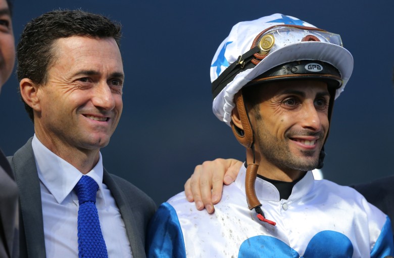 Trainer Douglas Whyte and jockey Alberto Sanna celebrate a win at Sha Tin in October 2019. Photo: Kenneth Chan