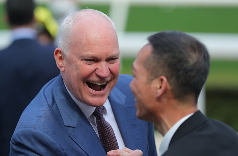 An ecstatic David Hall celebrates his four-timer on Sunday. Photo: Kenneth Chan