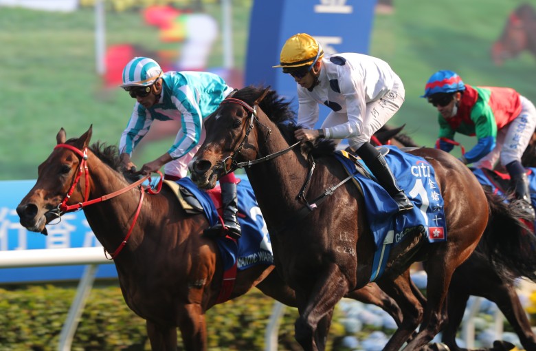 Golden Sixty (outside) narrowly defeats Romantic Warrior in Sunday’s Gold Cup. Photo: Kenneth Chan
