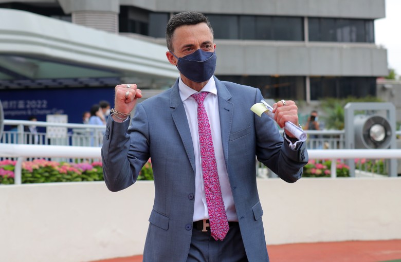 Douglas Whyte celebrates Russian Emperor’s Group One Champions & Chater Cup (2,400m) win at Sha Tin on May 22. Photo: Kenneth Chan