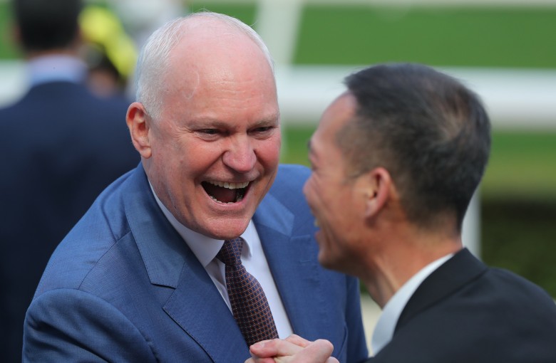 David Hall celebrates Atullibigeal’s Class Three win at Sha Tin on February 19. Photo: Kenneth Chan
