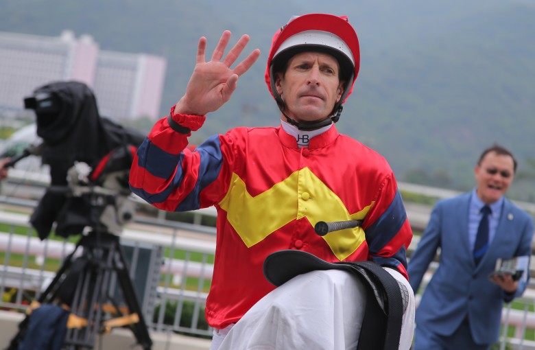 Hugh Bowman celebrates his Sha Tin four-timer on Sunday. Photo: Kenneth Chan