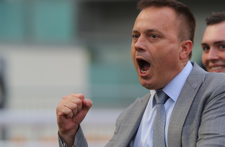 Caspar Fownes celebrates Straight Arron’s win at Sha Tin on April 23. Photo: Kenneth Chan