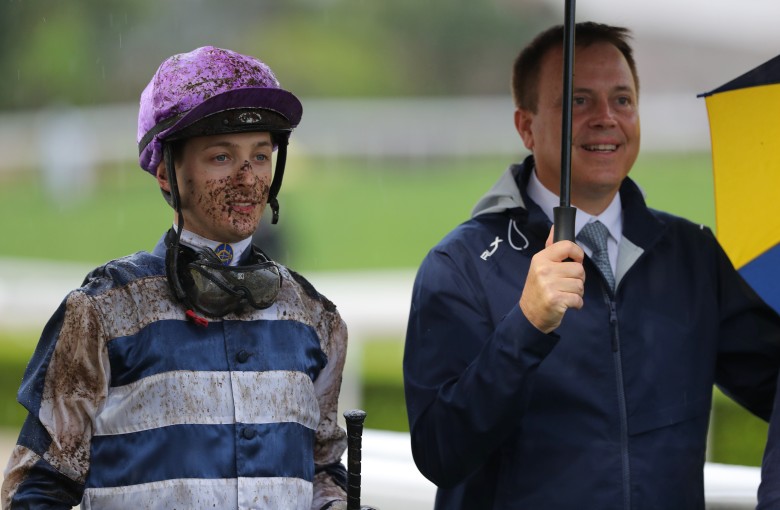 Jockey Harry Bentley and trainer Caspar Fownes celebrate Packing Hurricane’s win at Sha Tin on May 7. Photo: Kenneth Chan