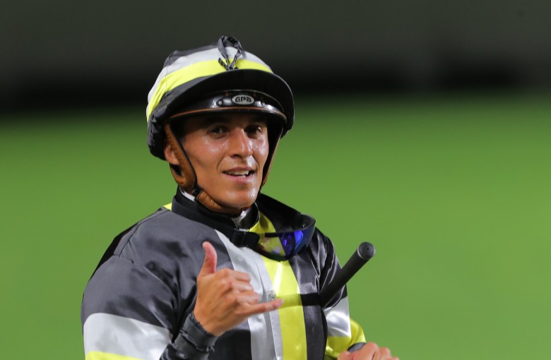 Keagan de Melo celebrates after opening his account in Hong Kong at Happy Valley on Wednesday night. Photos: Kenneth Chan