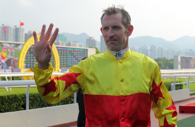 Hugh Bowman celebrates his four-timer after California Spangle’s Group Two Sha Tin Trophy (1,600m) win on Sunday. Photos: Kenneth Chan