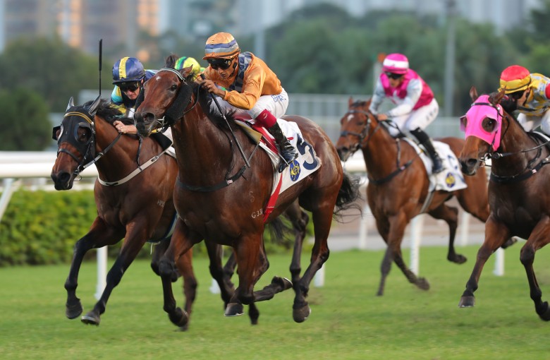 Global Harmony wins the Class Three La Estephe Handicap under Karis Teetan on Sunday. Photo: Kenneth Chan