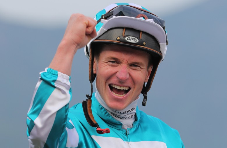 James McDonald celebrates after winning April’s Group One QE II Cup (2,000m) aboard Romantic Warrior. Photo: Kenneth Chan