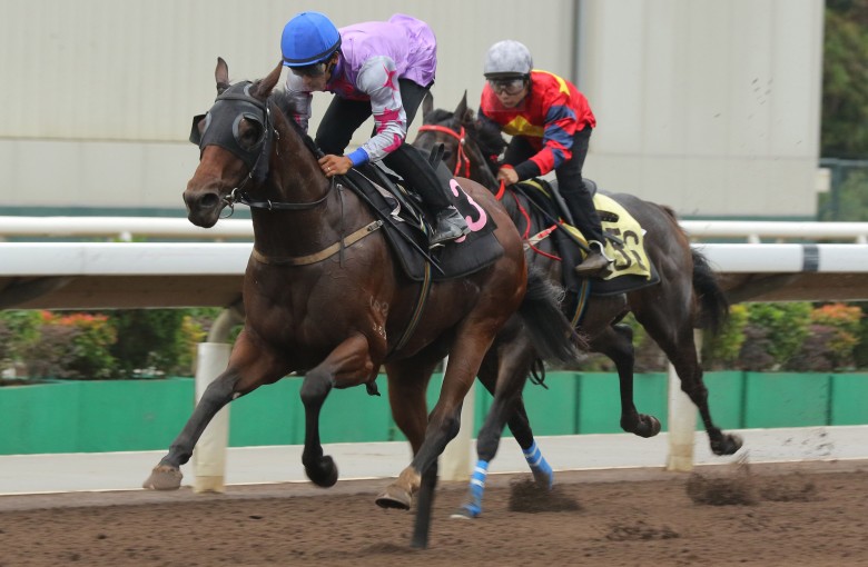 Star Mac relishes the addition of blinkers to win a Sha Tin trial under Karis Teetan. Photos: Kenneth Chan