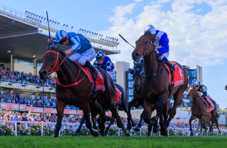 Romantic Warrior (left) takes out last year’s Group One Cox Plate (2,040m) at Moonee Valley. Photo: Grant Courtney, Pao Ma Photography