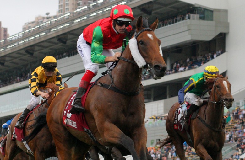 Hugh Bowman partners Invincible Sage to Group One success in April’s Chairman’s Sprint Prize (1,200m). Photo: Kenneth Chan