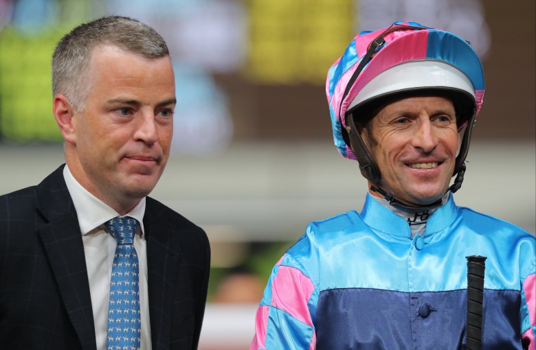 Trainer Jamie Richards and jockey Hugh Bowman enjoy the recent victory of Gallant Valour. Photo: Kenneth Chan