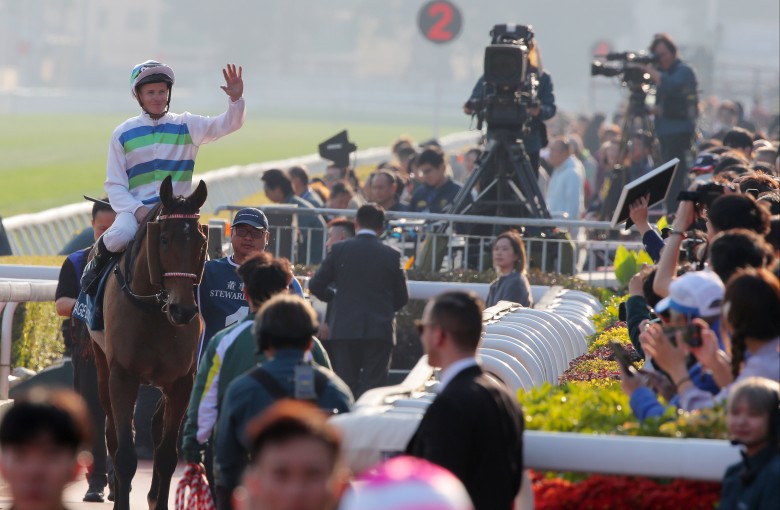 James McDonald waves to the Sha Tin crowd after Voyage Bubble’s win on Sunday. Photo: Kenneth Chan
