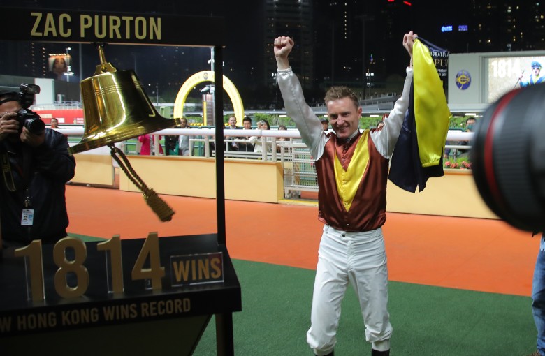 Zac Purton celebrates breaking the all-time Hong Kong wins record at the Valley last month. Photos: Kenneth Chan