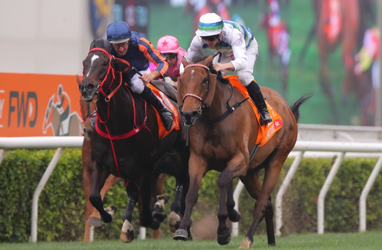 Voyage Bubble (white, blue and green colours) will bid to become the second winner of Hong Kong’s Triple Crown later this month. Photos: Kenneth Chan