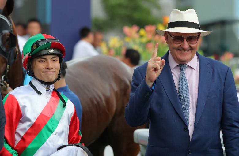 Apprentice Ellis Wong and trainer David Hayes are all smiles after Solid Shalaa’s Sha Tin victory. Photos: Kenneth Chan
