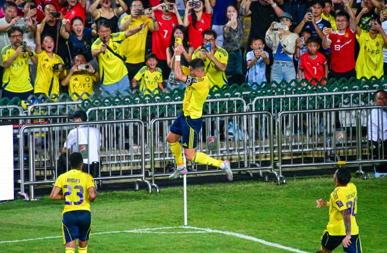 Cristiano Ronaldo (centre) celebrates during the Saudi Super Cup final football match between Al-Nassr and Al-Ahli in Hong Kong on August 23. Photo: Xinhua