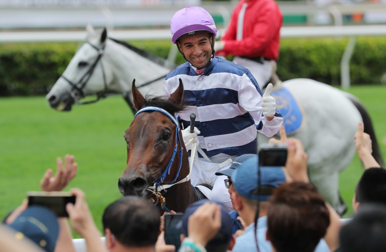 Joao Moreira enjoys a Sha Tin winner in 2023. Photos: Kenneth Chan