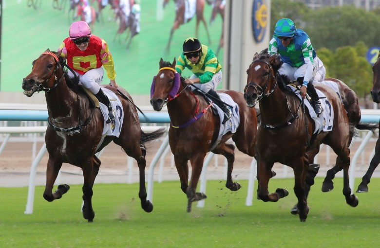 My Wish (left) wins the Group Three Celebration Cup (1,400m) at Sha Tin on Sunday. Photos: Kenneth Chan