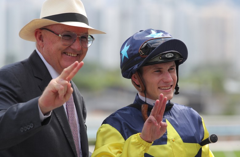 Race 3, PRECISION GOAL, ridden by Luke Ferraris, won the class 4 over 1650m(all weather track) at Sha Tin. David Hayes celebrated his win. 04OCT25 SCMP / Kenneth Chan.