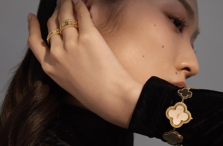 Rings and a watch from Van Cleef & Arpels’ latest Alhambra collection. Top: Shiatzy Chen. Photography: Kinwai Cheung