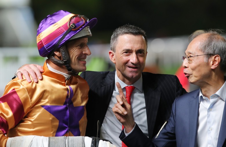 Jockey Hugh Bowman, trainer Douglas Whyte and connections enjoy Celestial Hero’s win in July. Photo: Kenneth Chan