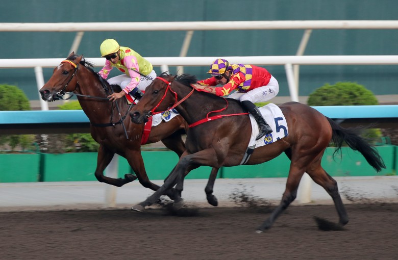 Hugh Bowman (outside) gets up late aboard Gorgeous Win at Sha Tin. Photos: Kenneth Chan