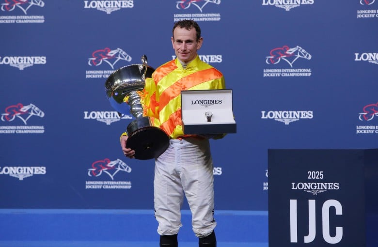 Ryan Moore celebrates his third International Jockeys’ Championship crown at Happy Valley on Wednesday night. Photos: Kenneth Chan