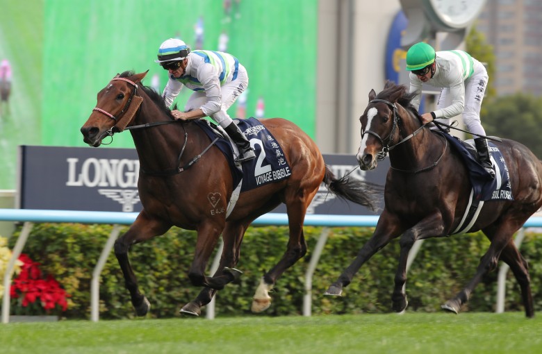 Voyage Bubble leads home Soul Rush in the Group One Hong Kong Mile. Photos: Kenneth Chan