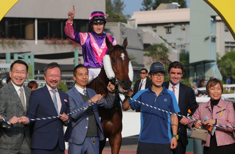 Jockey Luke Ferraris and connections of Happy Boss lap up his Sha Tin triumph. Photos: Kenneth Chan