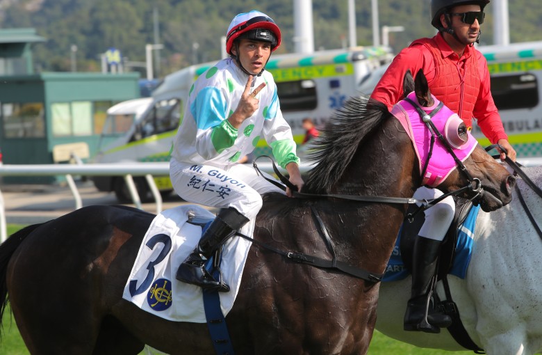Maxime Guyon celebrates his Sha Tin double after booting home Gallant Epoch. Photos: Kenneth Chan