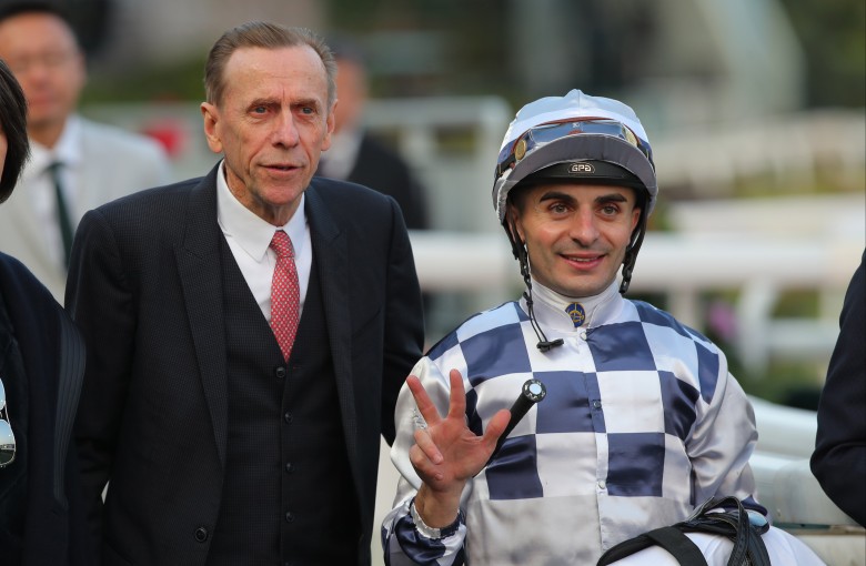 Trainer Joh Size and jockey Andrea Atzeni after Flow Water Flow’s thrilling win. Photos: Kenneth Chan