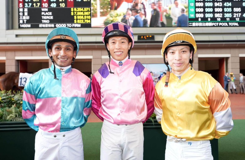 Hong Kong jockeys (from left) Karis Teetan, Vincent Ho and Matthew Chadwick were all born in the Year of the Horse 36 years ago. Photo: HKJC