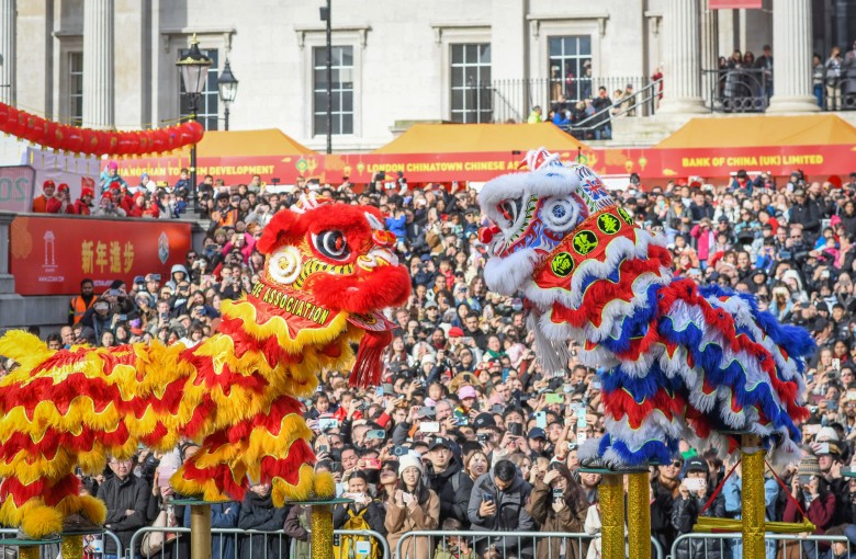 A Lion Dance performance takes place at Trafalgar Square in London, United Kingdom, to celebrate Chinese New Year in January 2025. Photo: Calvin Luo