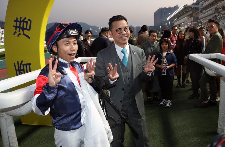 Trainer Frankie Lor and Matthew Poon celebrate their three timers. Photos: Kenneth Chan