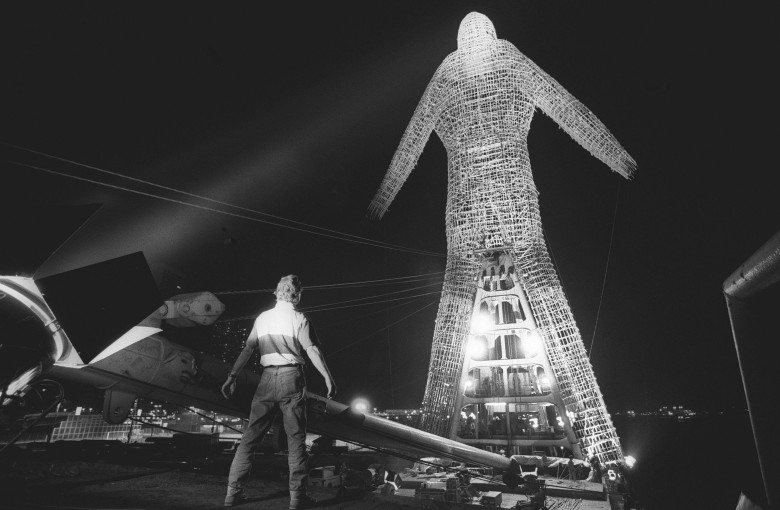 The Bamboo Man sculpture by multimedia artist André Heller is lit up in readiness for its journey across Victoria Harbour in May 1992. Photo: SCMP Archives