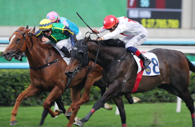 Mugen gets up on the inside to score a thrilling win under Hugh Bowman. Photos: Kenneth Chan