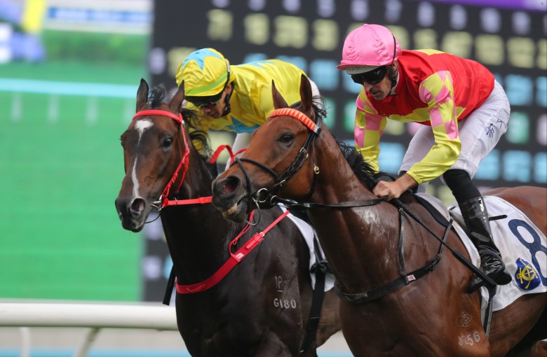 My Wish (right) finishes a close second to Lucky Sweynesse in the Chairman’s Trophy with Hugh Bowman aboard. Photos: Kenneth Chan