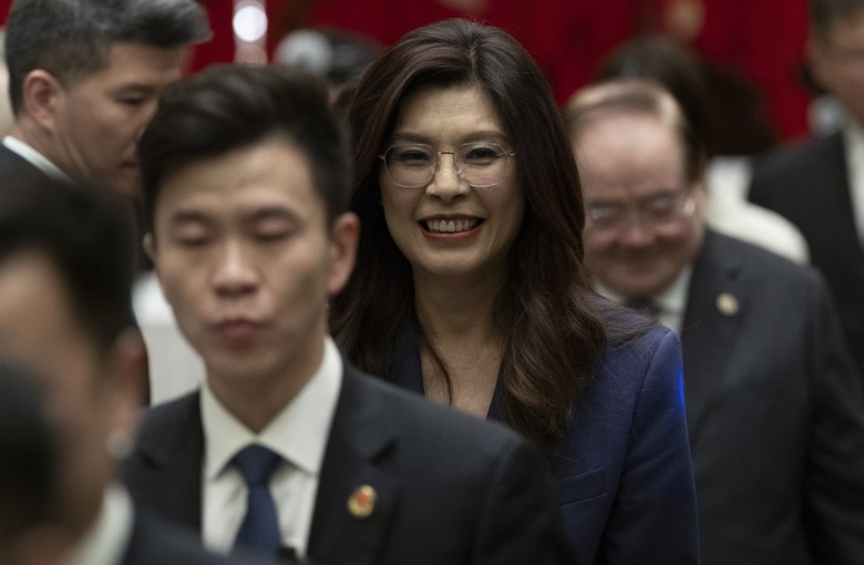 KMT chairwoman Cheng Li-wun leaves a press conference in Beijing, on April 10, during a six-day visit to mainland China. Photo: EPA